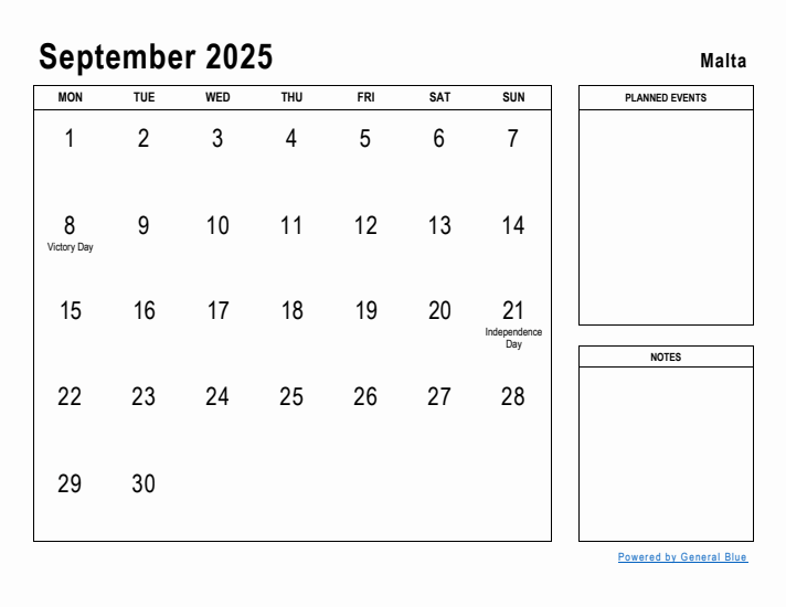 September 2025 Printable Monthly Calendar with Malta Holidays