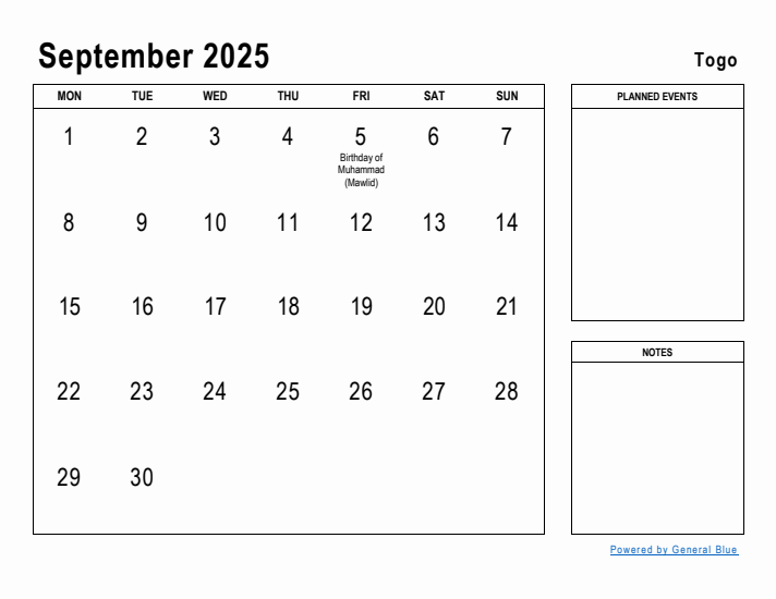 September 2025 Printable Monthly Calendar with Togo Holidays