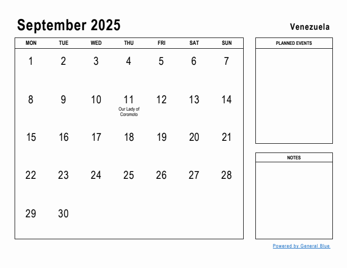 September 2025 Printable Monthly Calendar with Venezuela Holidays