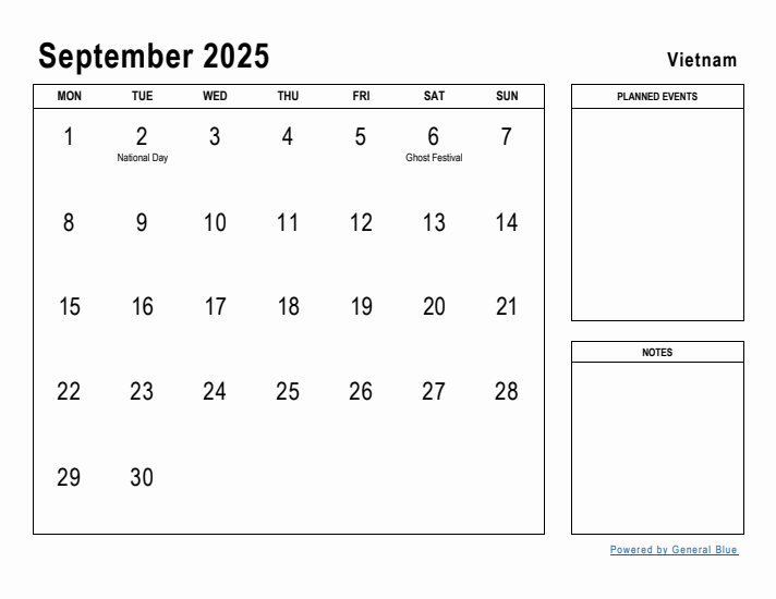 September 2025 Printable Monthly Calendar with Vietnam Holidays