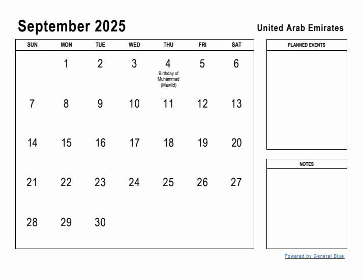 September 2025 Printable Monthly Calendar with United Arab Emirates Holidays