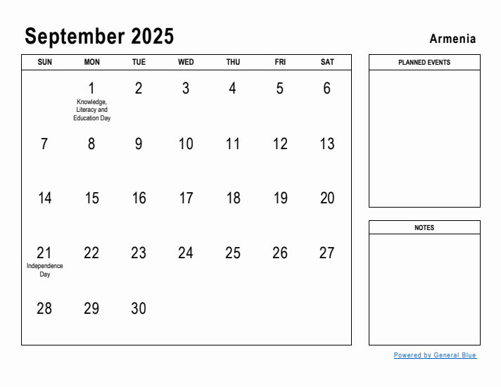 September 2025 Printable Monthly Calendar with Armenia Holidays