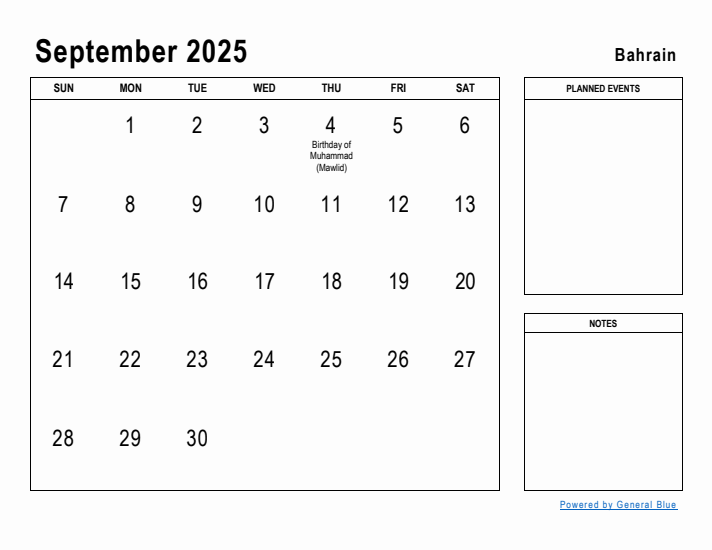 September 2025 Printable Monthly Calendar with Bahrain Holidays