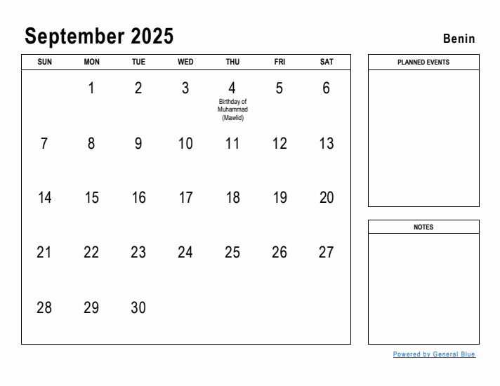 September 2025 Printable Monthly Calendar with Benin Holidays