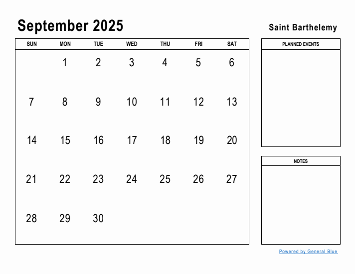 September 2025 Printable Monthly Calendar with Saint Barthelemy Holidays