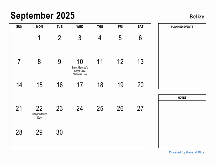 September 2025 Printable Monthly Calendar with Belize Holidays