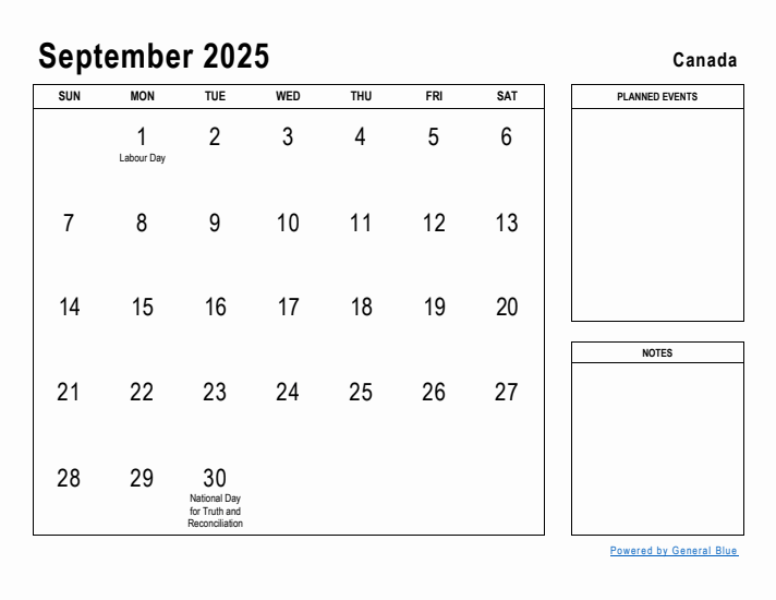 September 2025 Printable Monthly Calendar with Canada Holidays