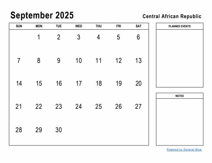 September 2025 Printable Monthly Calendar with Central African Republic Holidays