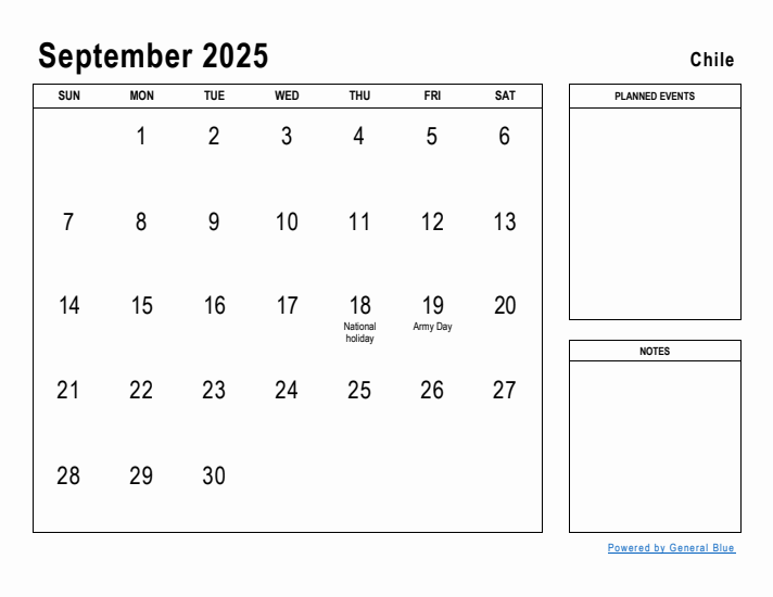 September 2025 Printable Monthly Calendar with Chile Holidays