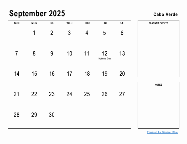 September 2025 Printable Monthly Calendar with Cabo Verde Holidays