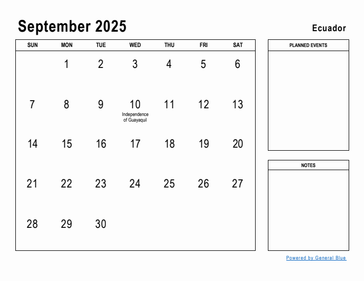 September 2025 Printable Monthly Calendar with Ecuador Holidays