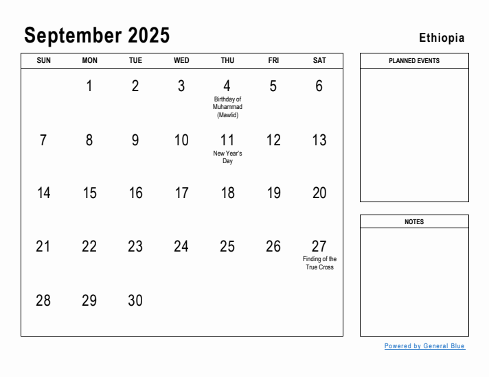 September 2025 Printable Monthly Calendar with Ethiopia Holidays