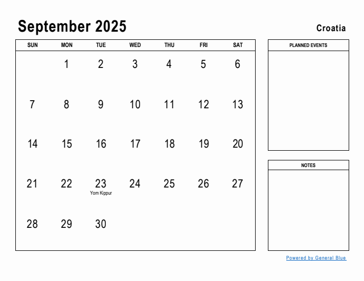 September 2025 Printable Monthly Calendar with Croatia Holidays