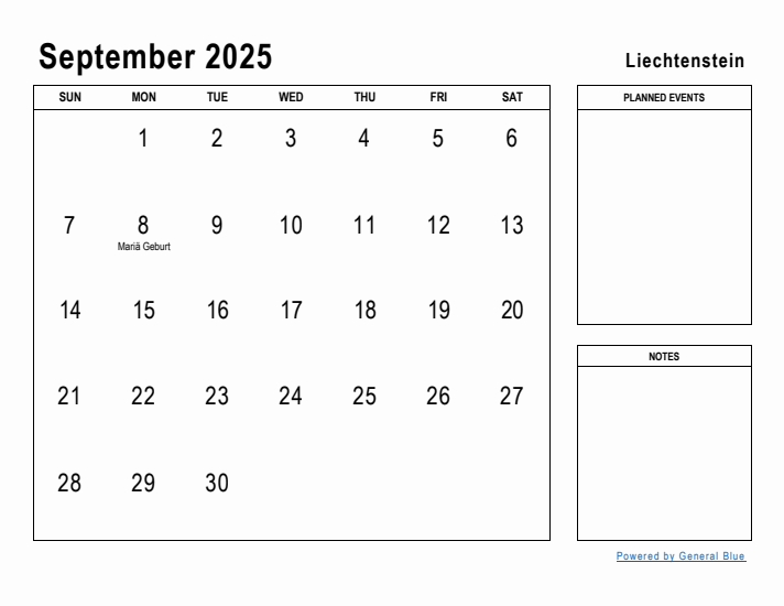 September 2025 Printable Monthly Calendar with Liechtenstein Holidays