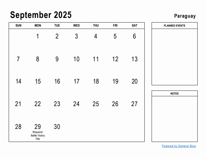 September 2025 Printable Monthly Calendar with Paraguay Holidays