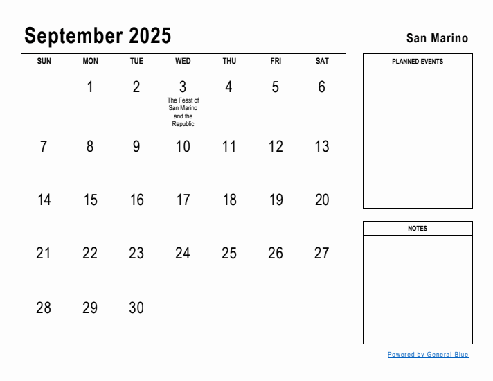 September 2025 Printable Monthly Calendar with San Marino Holidays