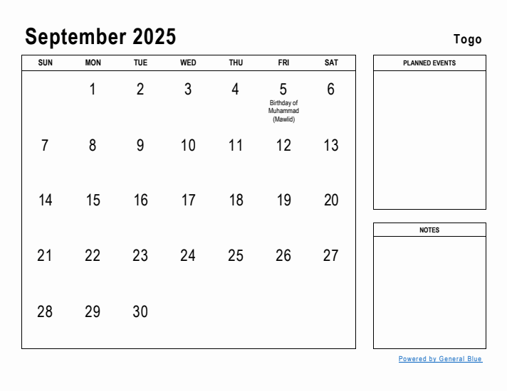 September 2025 Printable Monthly Calendar with Togo Holidays