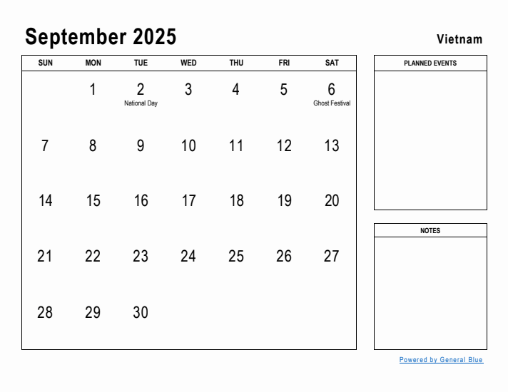 September 2025 Printable Monthly Calendar with Vietnam Holidays