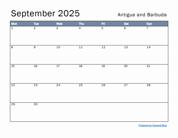 September 2025 Simple Monthly Calendar for Antigua and Barbuda