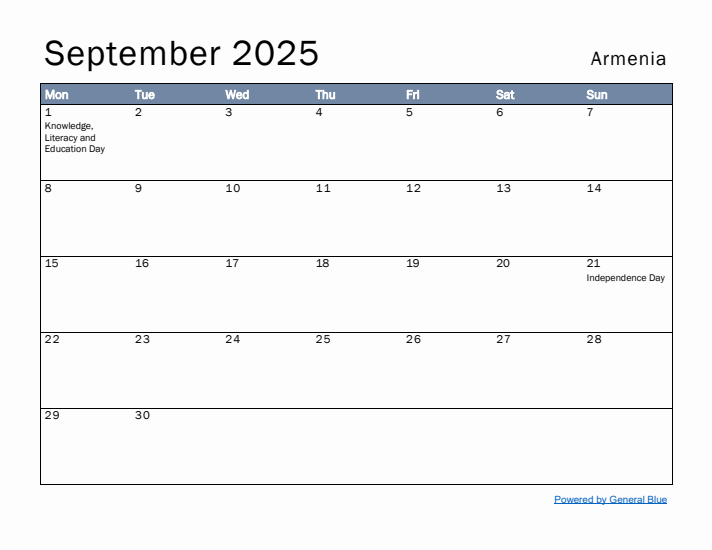 September 2025 Simple Monthly Calendar for Armenia