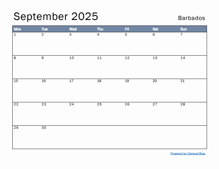 September 2025 Simple Monthly Calendar for Barbados