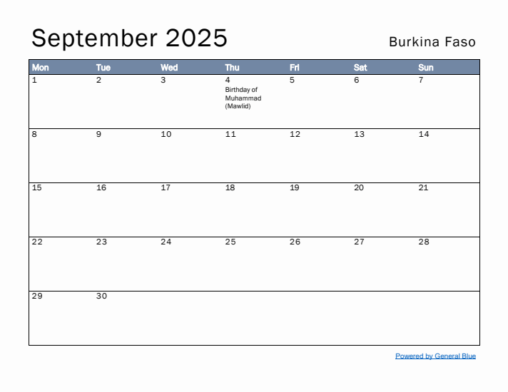 September 2025 Simple Monthly Calendar for Burkina Faso