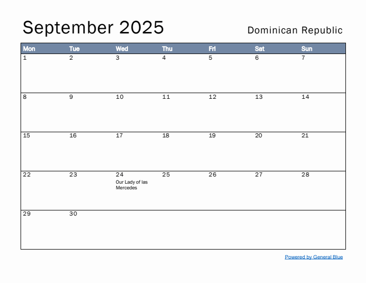 September 2025 Simple Monthly Calendar for Dominican Republic