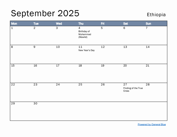 September 2025 Simple Monthly Calendar for Ethiopia