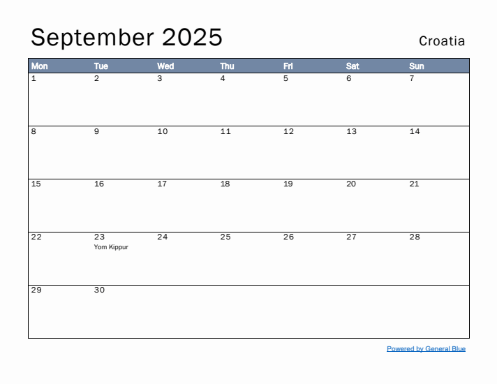 September 2025 Simple Monthly Calendar for Croatia