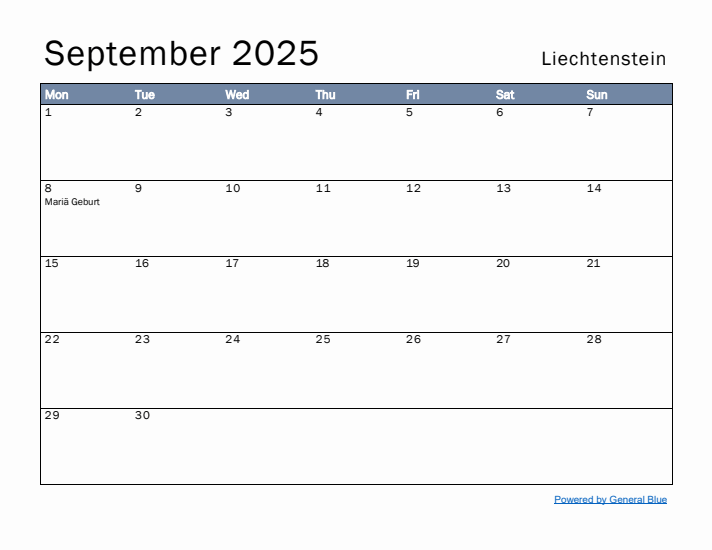 September 2025 Simple Monthly Calendar for Liechtenstein