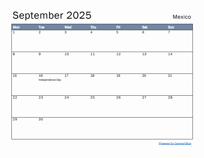 September 2025 Simple Monthly Calendar for Mexico