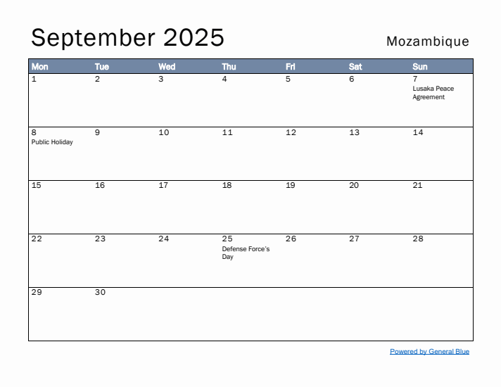 September 2025 Simple Monthly Calendar for Mozambique