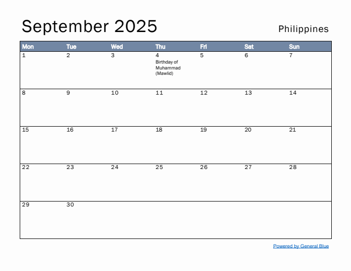 September 2025 Simple Monthly Calendar for Philippines