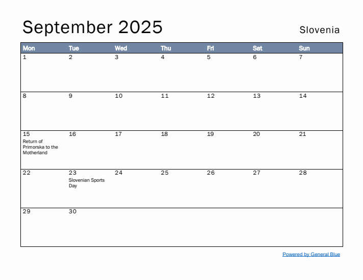 September 2025 Simple Monthly Calendar for Slovenia