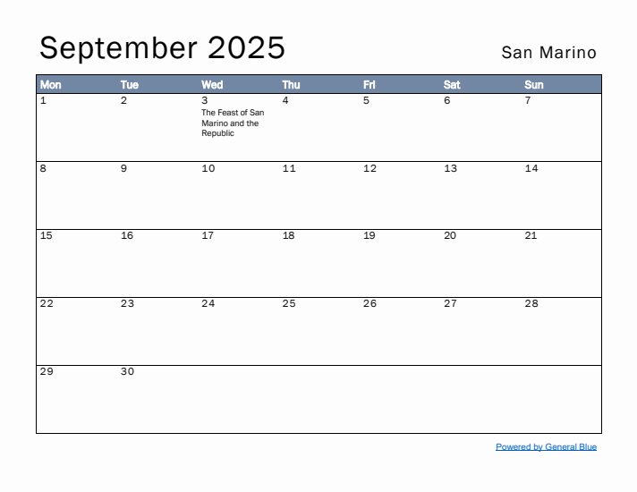 September 2025 Simple Monthly Calendar for San Marino