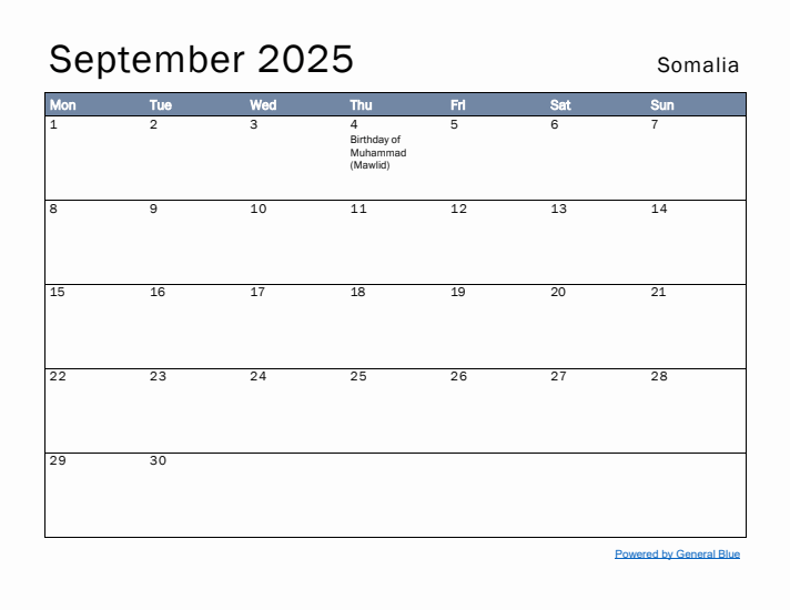 September 2025 Simple Monthly Calendar for Somalia