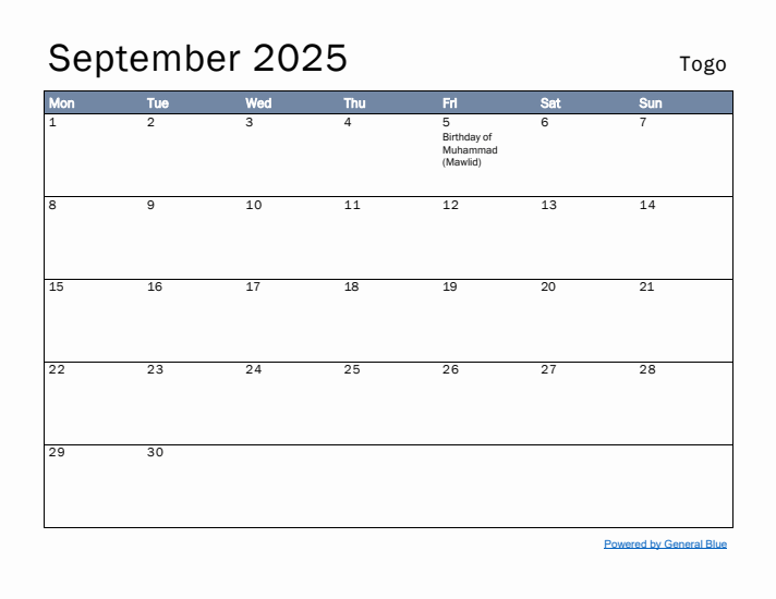 September 2025 Simple Monthly Calendar for Togo