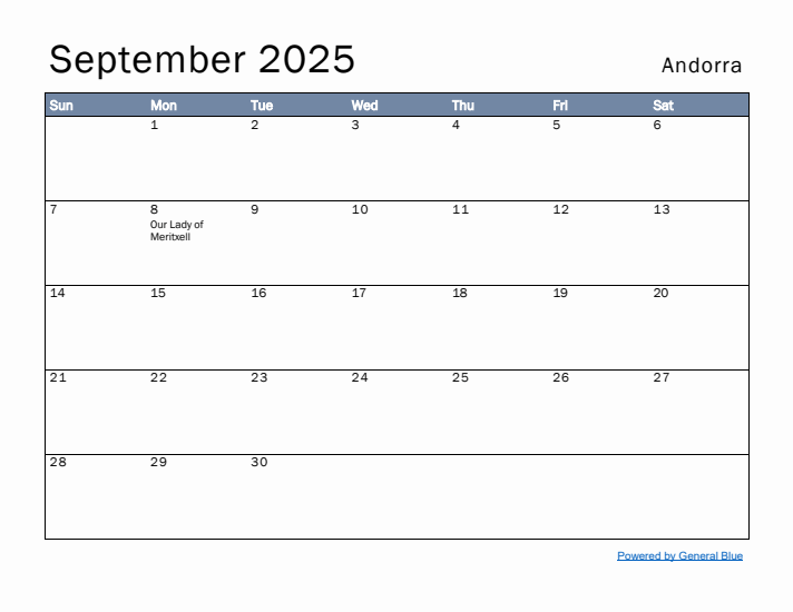 September 2025 Simple Monthly Calendar for Andorra