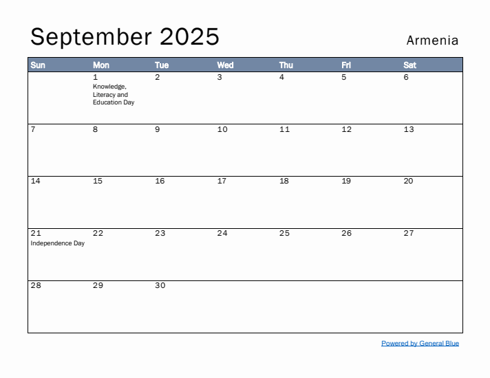 September 2025 Simple Monthly Calendar for Armenia