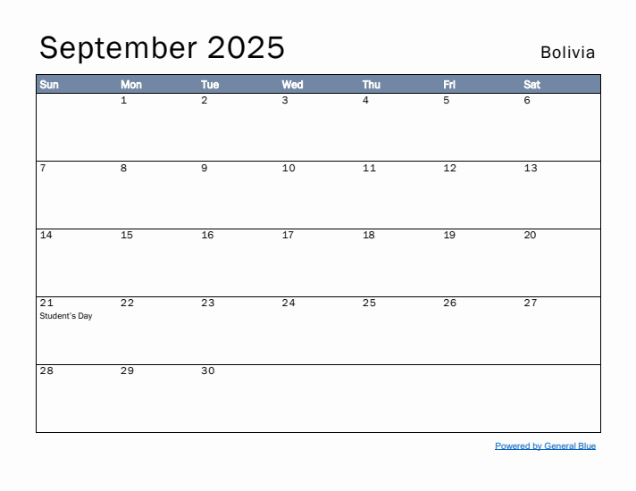 September 2025 Simple Monthly Calendar for Bolivia