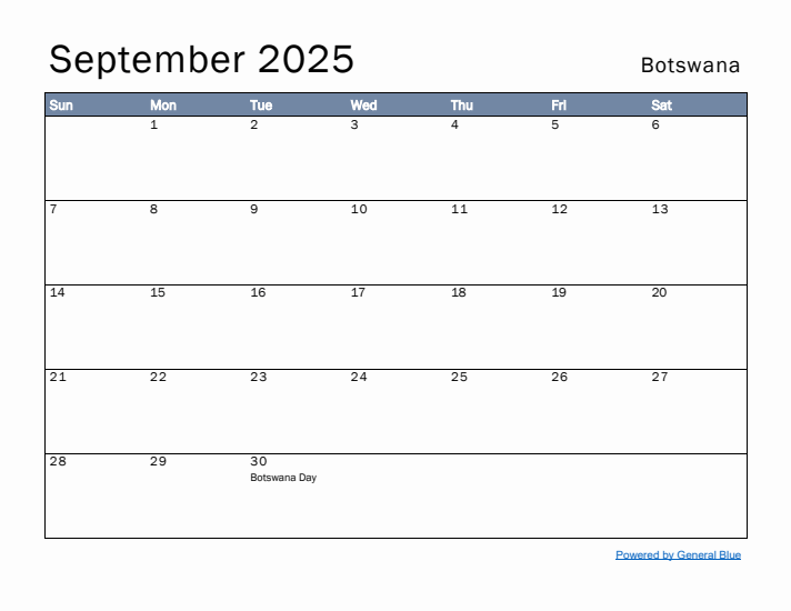 September 2025 Simple Monthly Calendar for Botswana