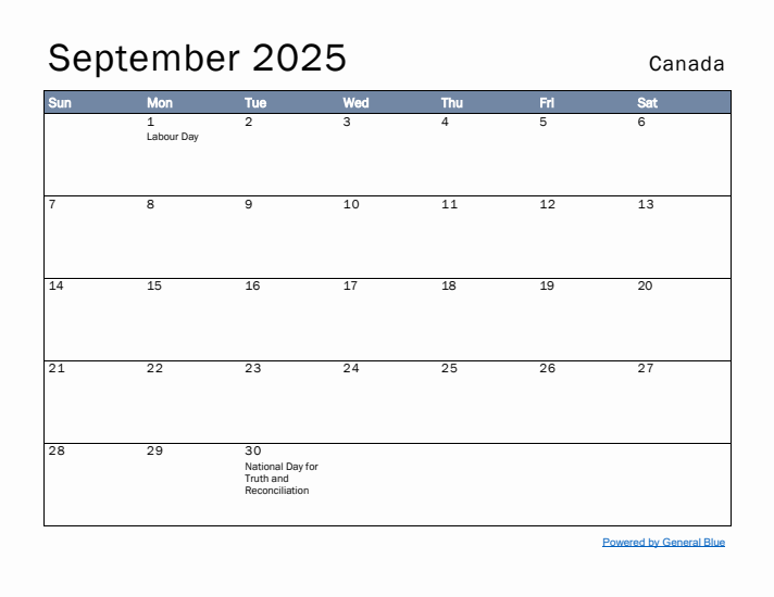 September 2025 Simple Monthly Calendar for Canada