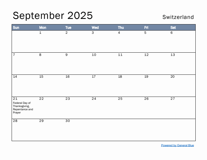 September 2025 Simple Monthly Calendar for Switzerland