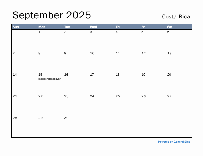 September 2025 Simple Monthly Calendar for Costa Rica