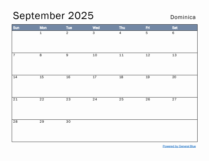 September 2025 Simple Monthly Calendar for Dominica