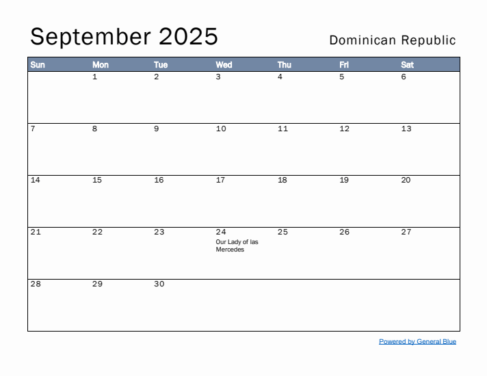 September 2025 Simple Monthly Calendar for Dominican Republic