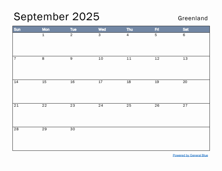 September 2025 Simple Monthly Calendar for Greenland