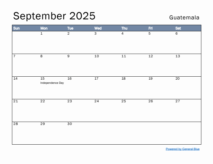 September 2025 Simple Monthly Calendar for Guatemala