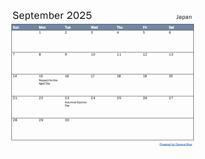 September 2025 Simple Monthly Calendar for Japan