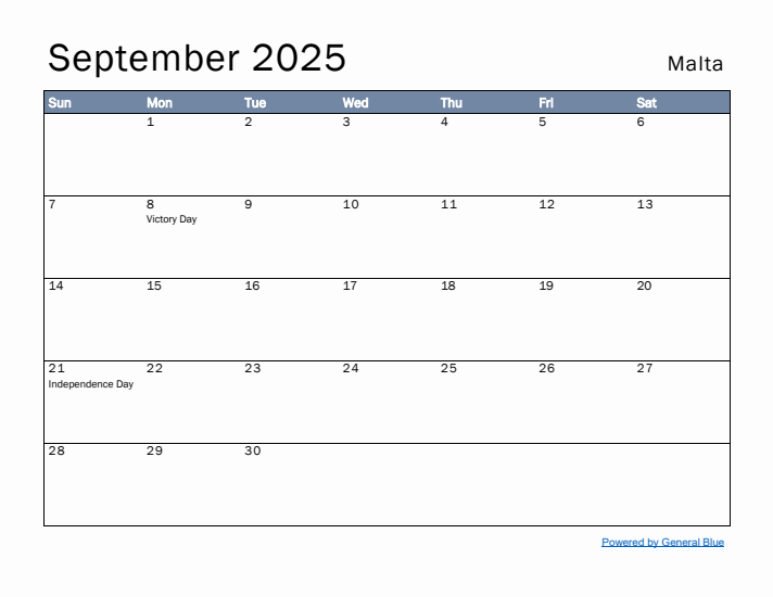 September 2025 Simple Monthly Calendar for Malta